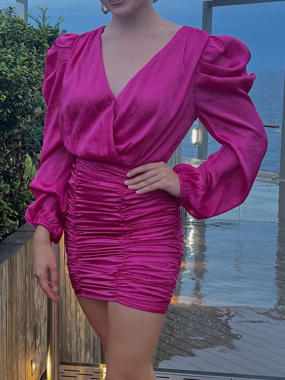 Hot Pink Ruched Satin Mini Dress